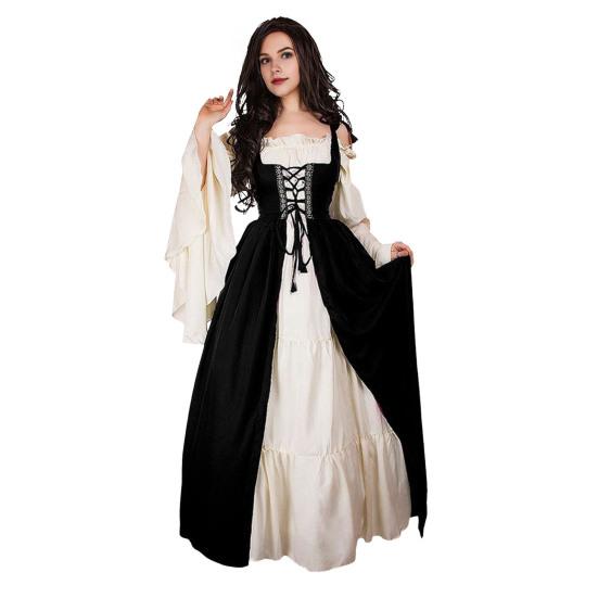 1 Set Women Edge Square Flowy Sleeves Neck Tight Waist Dress Shirring Lace-up Patchwork Vintage Renaissance Medieval