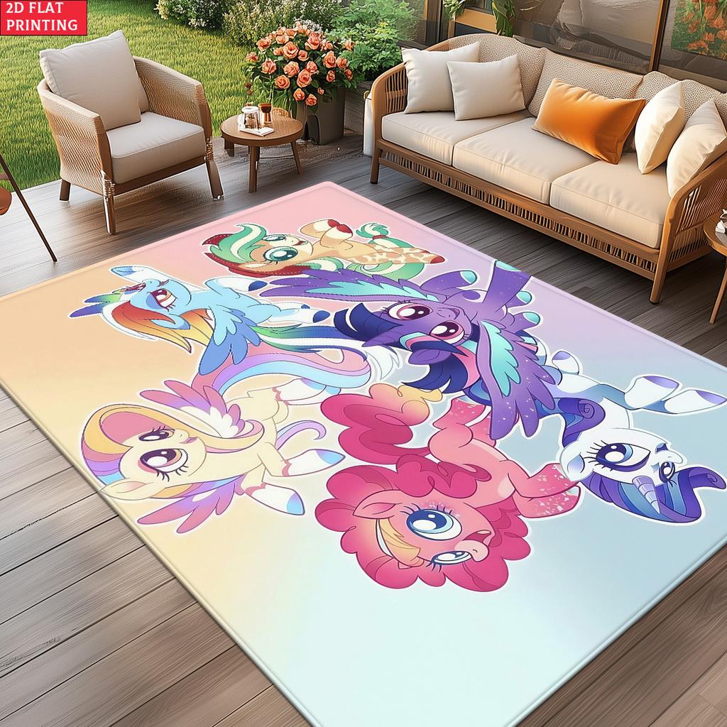 Cute Cartoon Pony Area Rug, Colorful Character Group Theme Non-slip Mat, Decorative Carpet for Kids Girls Bedroom, Washable Gift
