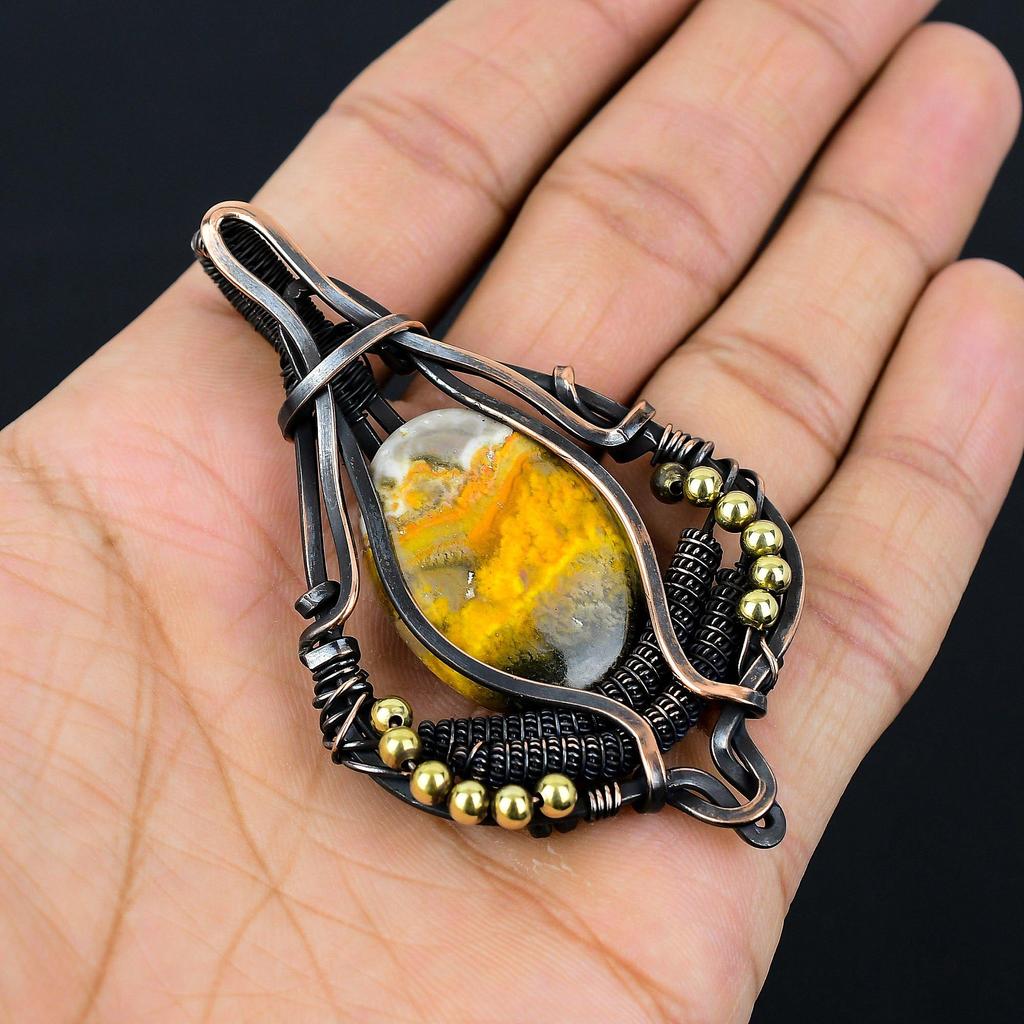 Bumblebee Jasper Gemstone Pure Copper Wire Wrapped Designer Handmade Pendant Jewelry
