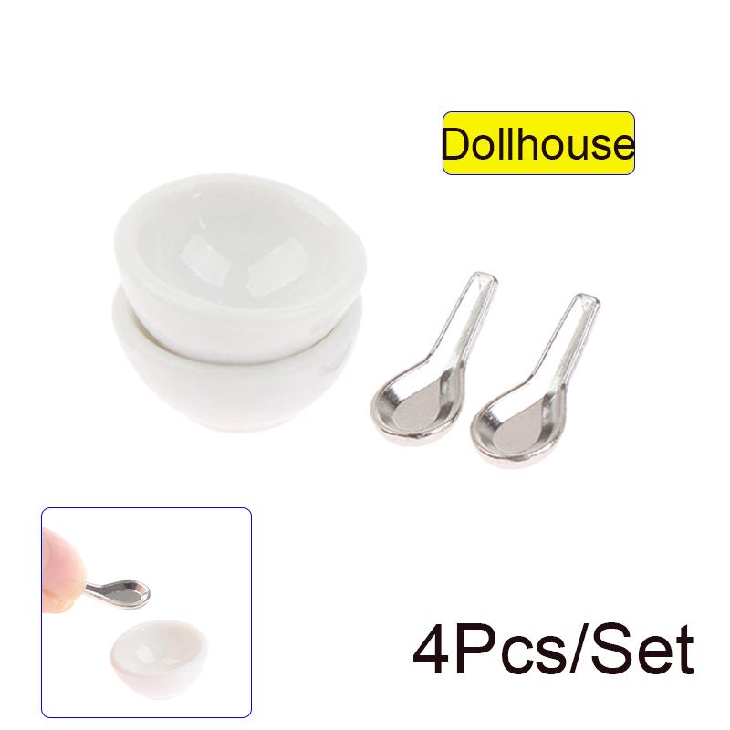 4Pcs/set 1:12 Dollhouse Miniature Mini Ceramic Bowl Soup Spoon Model Kitchen Accessories For Doll House Decor Toys Gift