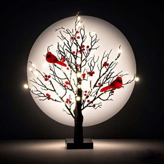 LED Vintage Glowing Tree with Cardinals Battery Operated Twinkle Trees Lamp with Lighted Branches Christmas Halloween Decorations