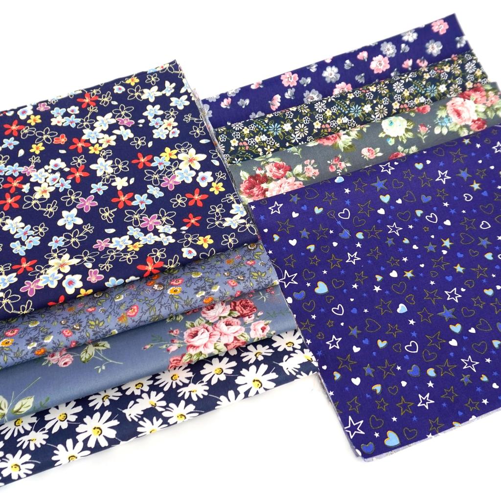 Set of 8 Cotton Quilting Fabric Scraps for Patchwork and Cute Cut Cloths Blue with Chrysanthemum 100% Crafts, 46x56cm, (Dark Design)