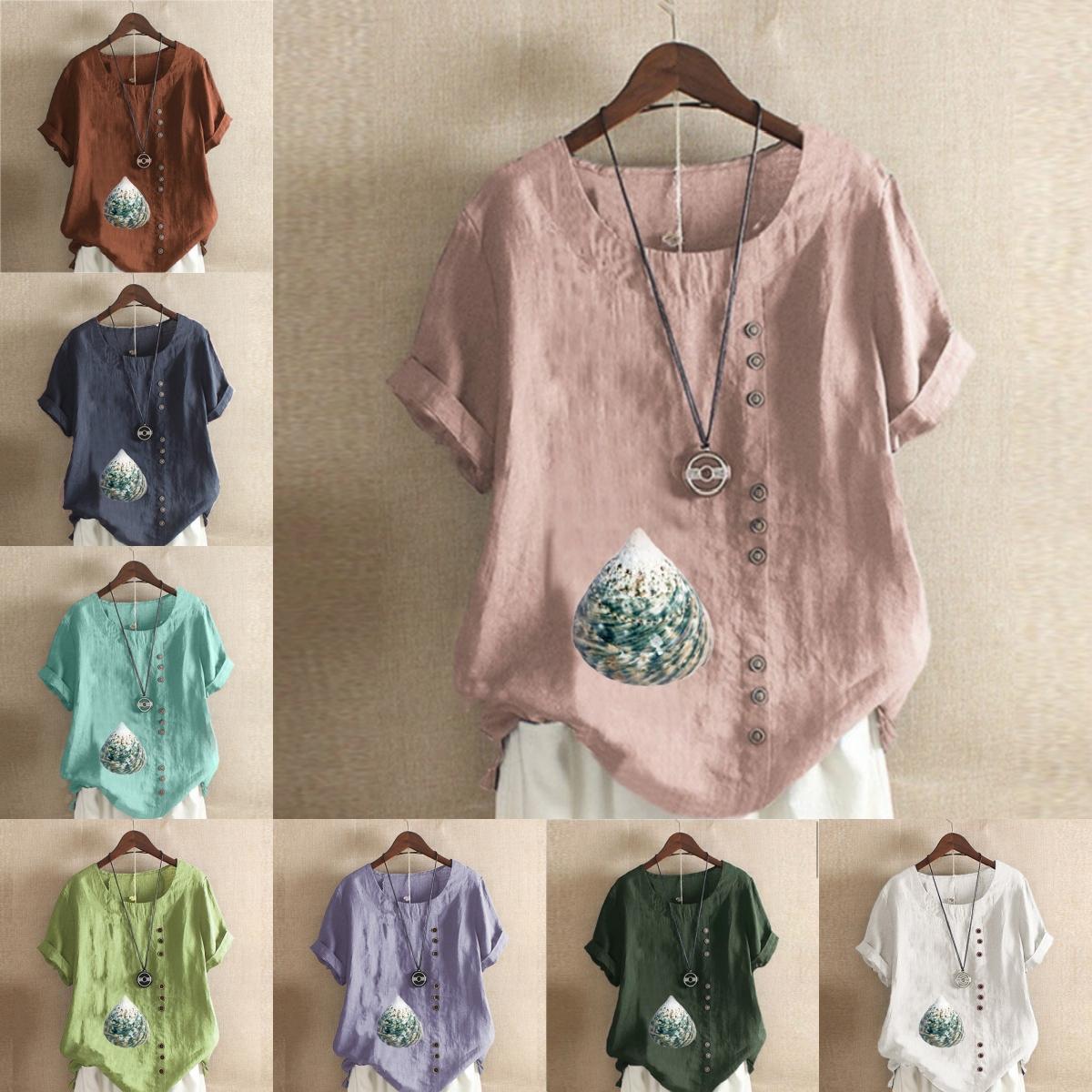 

Women s Fashion Round Neck Short Sleeve T-shirt Casual Cotton Linen Graphic Shirt Leisure Loose Shell Prined Summer Blouse Tops Plus Size