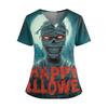 Women’s V Neck Short Sleeve Work Top with Dual Side Slits and Pockets Halloween Pumpkin Print Comfortable Fit