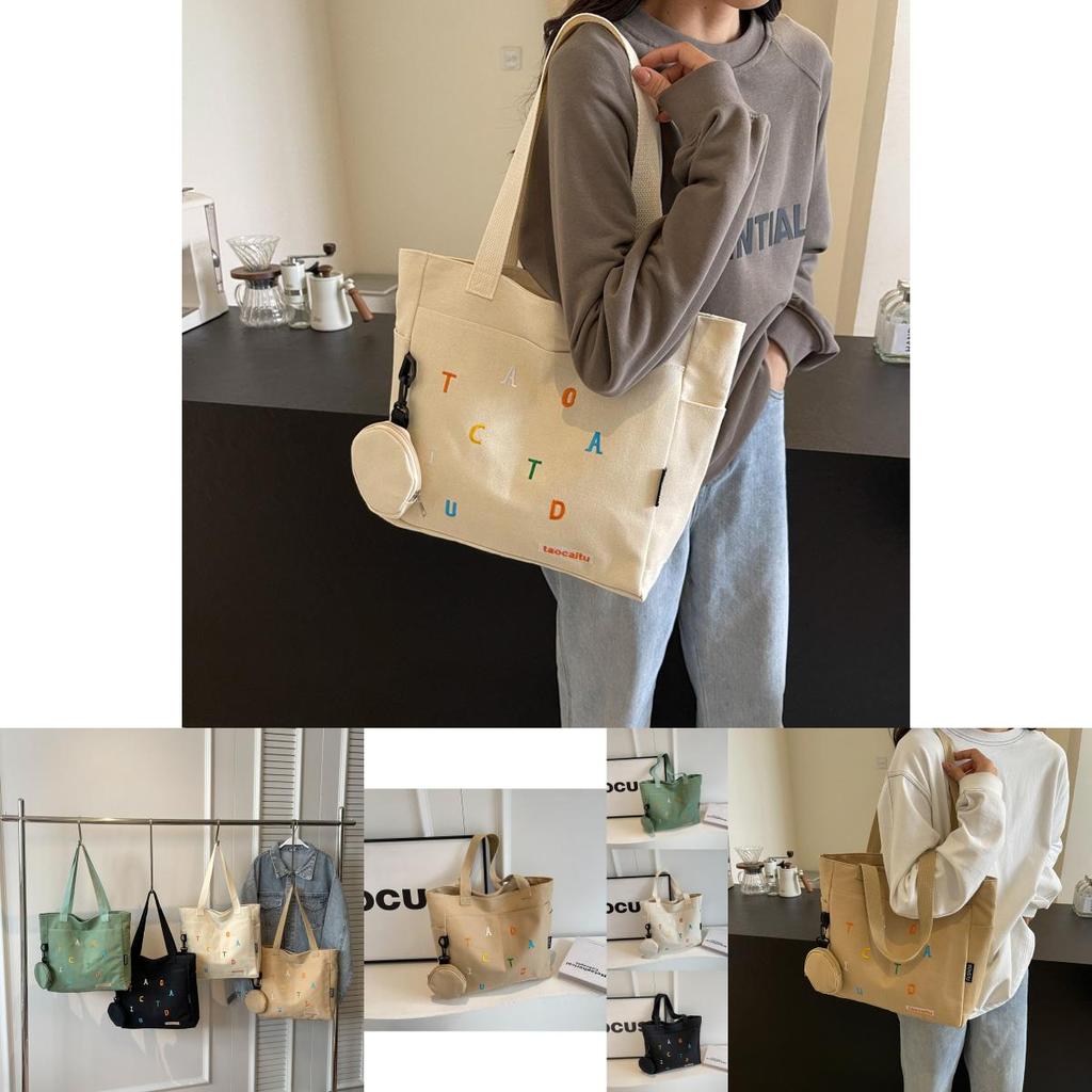 Large Capacity Canvas Tote Bag For Women Stylish Embroidered Letter Design For School