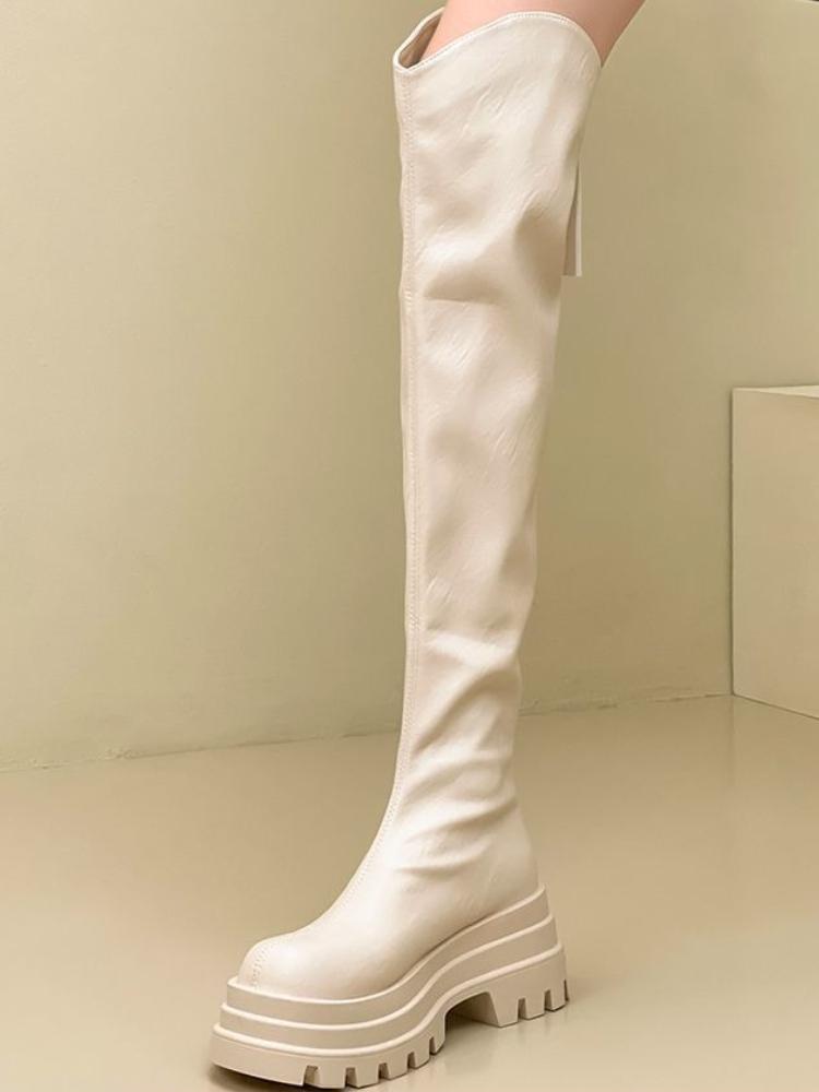 Over-the-Knee Boots  Autumn New Style Leather High-Leg Stretch Height-Enhancing Slimming Chunky Heel Boots