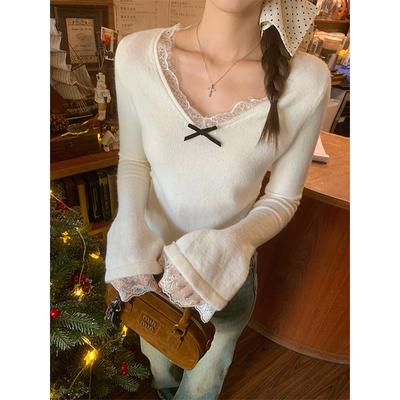 Apricot Lace V-neck Brushed Plus Velvet Long-sleeved Bottoming Shirt for Women with T-shirt Autumn and Winter New Style Pleated Waist Top