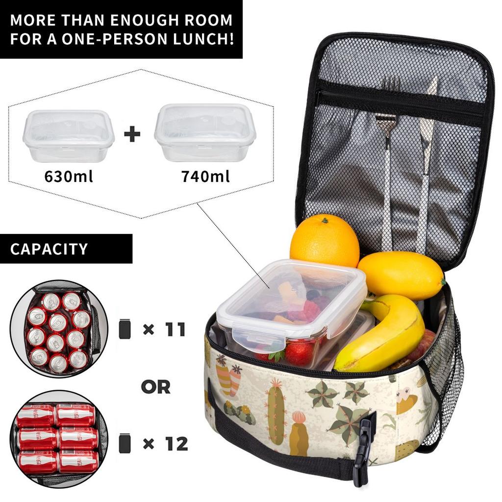 Cute Desert Cactus Columnar Pattern Insulated Lunch Bag for Women Kids Portable Food Boxes Thermal Lunch Box Tote