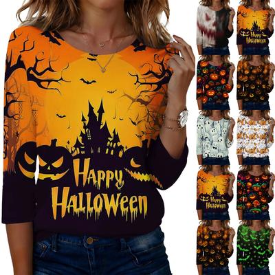 Women's Casual Halloween Print Round Neck Three Quarter Sleeve T Shirt Top Lightweight Comfortable Fit for Everyday Wear