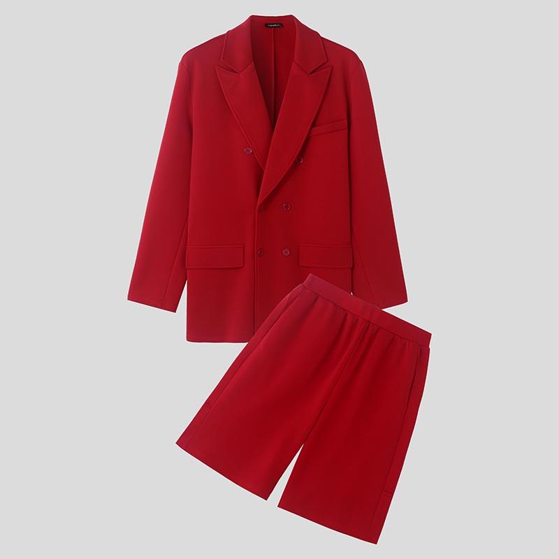 

INCERUN Two-piece Suits Men Long Sleeve Solid Color Coat Half Pants Casual Sets 3XL вина червоного кольору