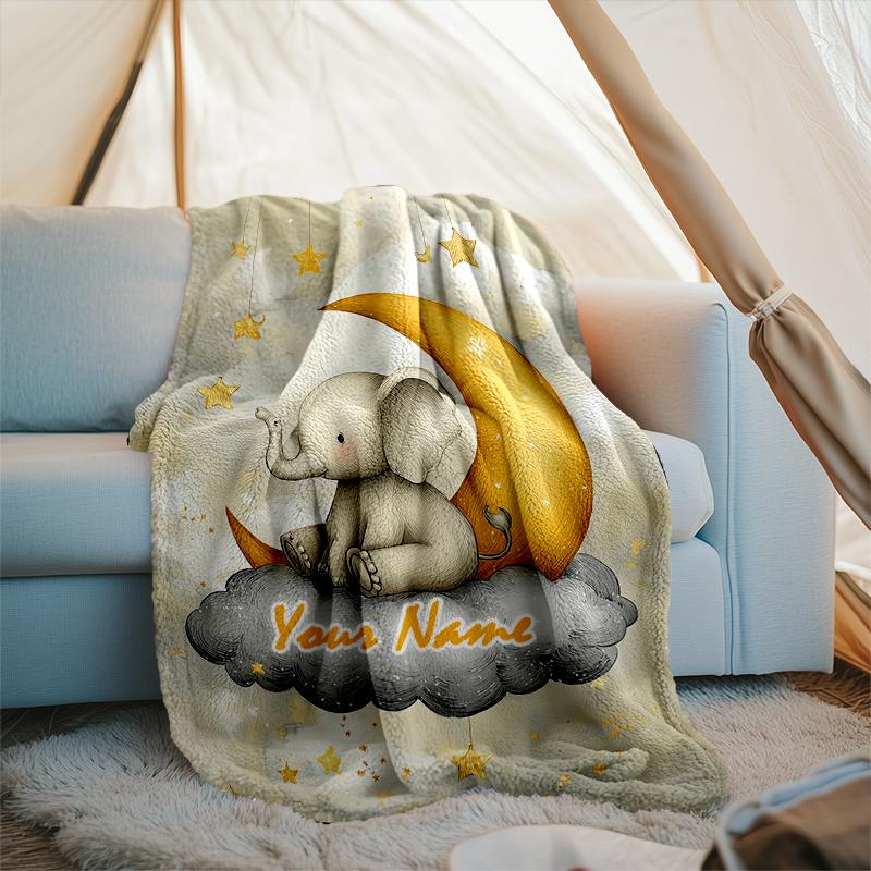 1PC Custom Name Elegant Elephant Moon Night outdooor Flannel blankets Throw Blanket All-Season Throw Gift Bedspread for Couch, Bed, Camping Holiday Bi