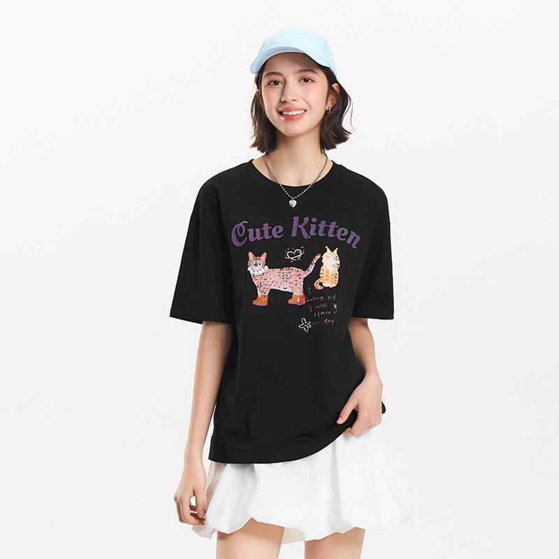 Semir Short Sleeve T-Shirt Women Mid-Length Pattern Cute Retro 2025 New Summer Moisture Wicking Loose Top Niche Style