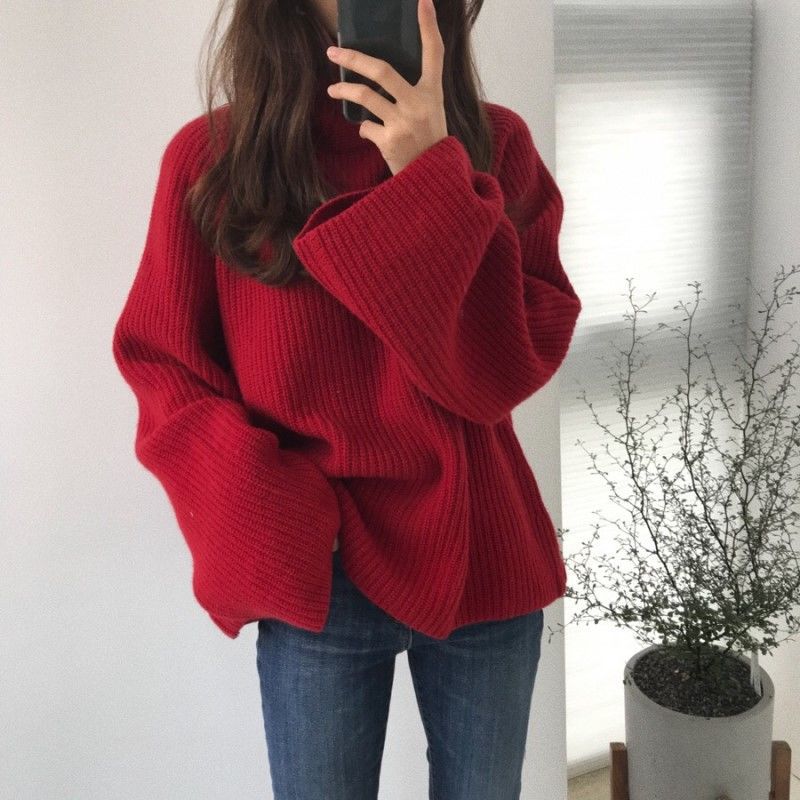 

Semi-turtleneck sweater loose lazy striped casual autumn and winter new women s knitted sweater top women L червоний
