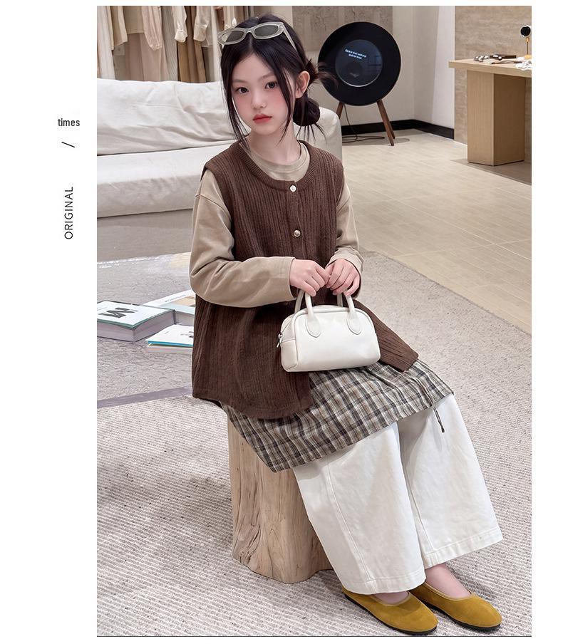 Girls' Korean Style Autumn Set: Vest with Plaid Ruffle, Wide-Leg Pants, Three-Piece 2026
