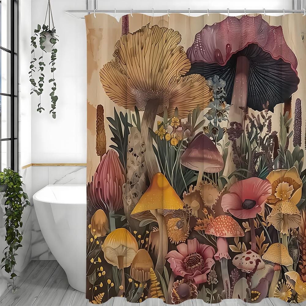 Forest Mushroom Floral Shower Curtain, Bathroom Decorative Shower Curtain, Waterproof Shower Curtain with Hooks