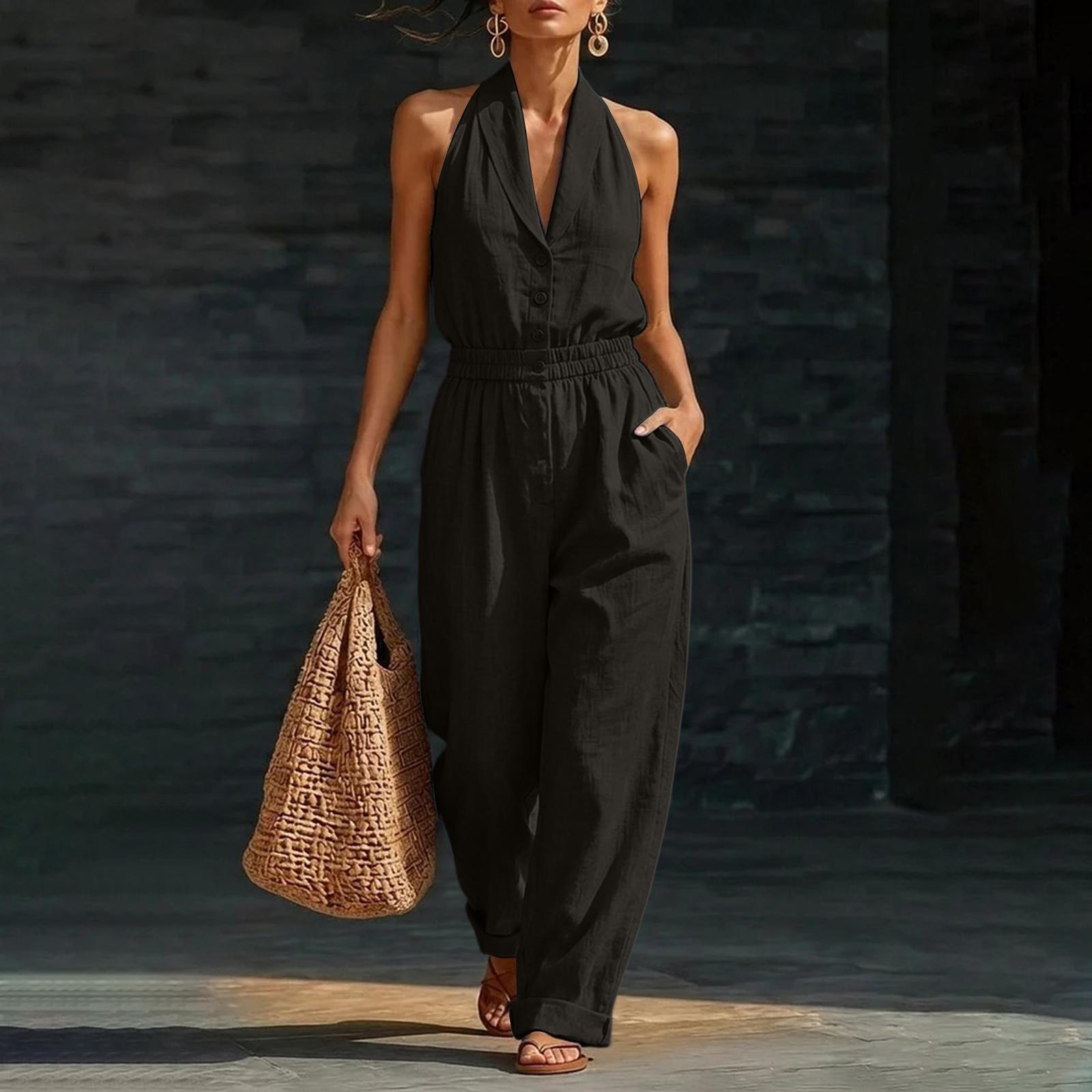 

Sleeveless Jumpsuit for Women Solid Color Minimalist Design Comfortable Fit Wide Leg One Piece Romper Suitable for Casual and Formal Wear M чорний