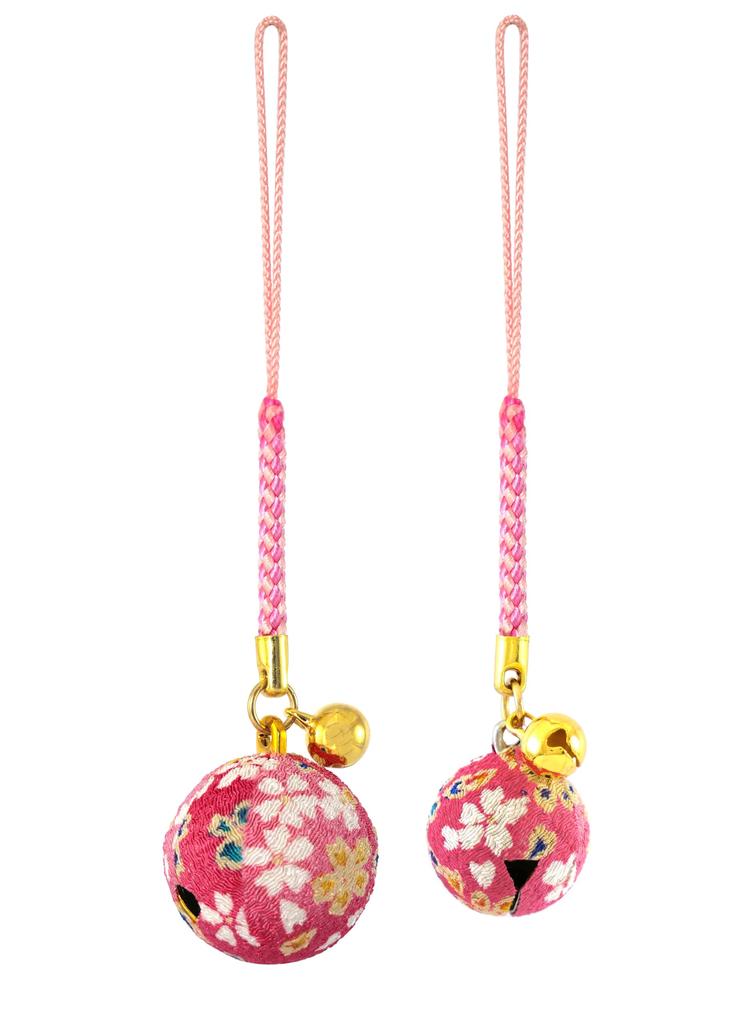 Hana Chirimen Bells of Japanese Chirimen Netsuke Large Bell Small Bell (Set 2) Keychains (25mm Diameter) & (20mm Diameter) (Pale Pink)