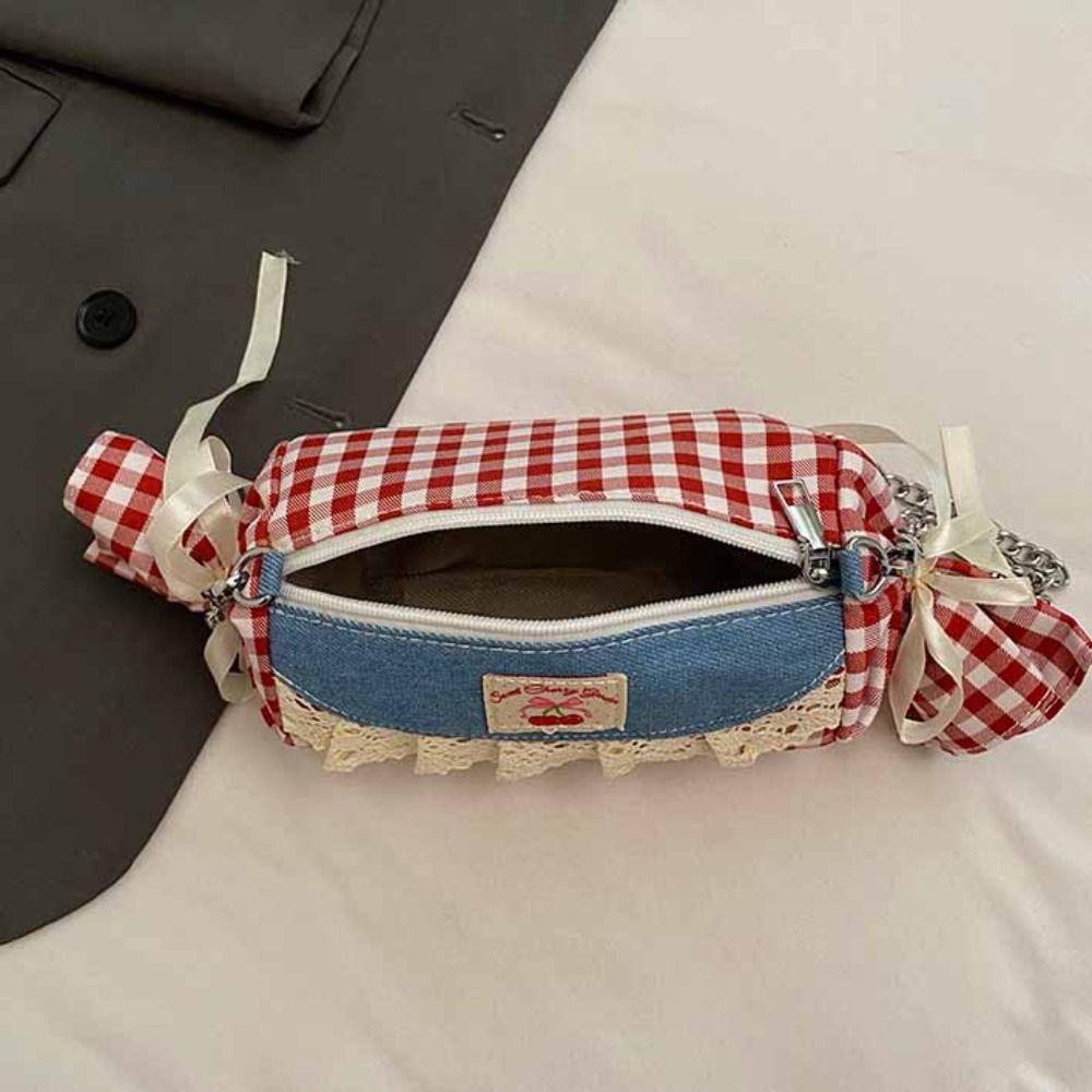 Canvas Candy Shape Bag Cherry Denim Lace Shoulder Bag Lightweight Red Plaid Crossbody Bag  Vacation