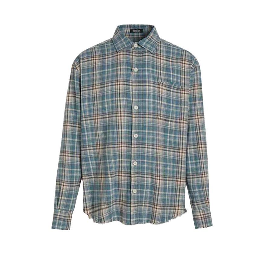 Retro Distressed Plaid Flannel Shirt with Tassels, Unisex Spring Loose Fit