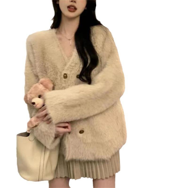Double-breasted imitation mink cardigan sweater women's autumn new thickened lazy loose and comfortable knitted sweater jacket
