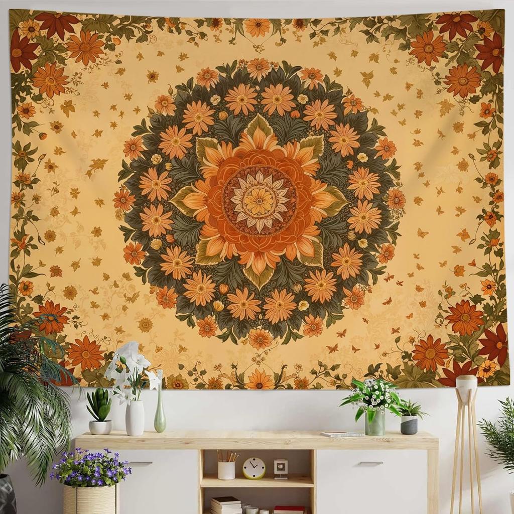 Boho Mandala Tapestry Wall Hanging Hippie Bohemian Floral Flower Medallion Tapestry Aesthetic Large Vintage Black Red Indian