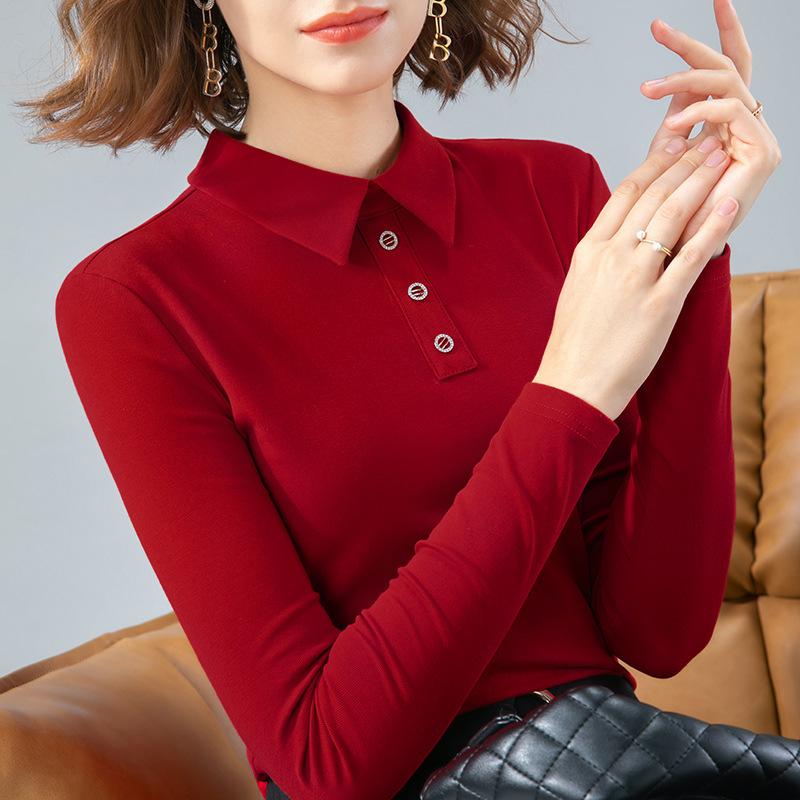 Camiseta Básica Cuello Polo para Mujer Nueva Camiseta de Manga Larga de Color Sólido con Botones Top de Diseño Interior