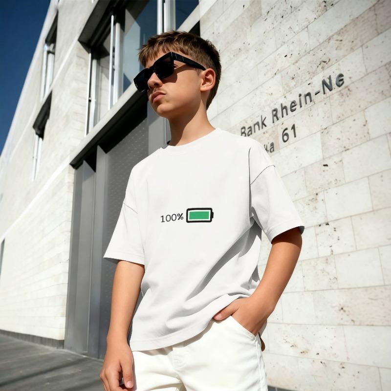 Boys' Simple Letter Small Label Printed Short Sleeved T-shirt Summer Loose Casual Children's Round Neck Top
