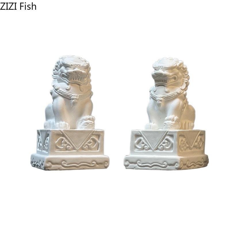 Chinese Stone Lion Plaster Statue Table Decoration Creative Feng Shui Landscape Ornaments Sculpture Room Aesthetic Decor