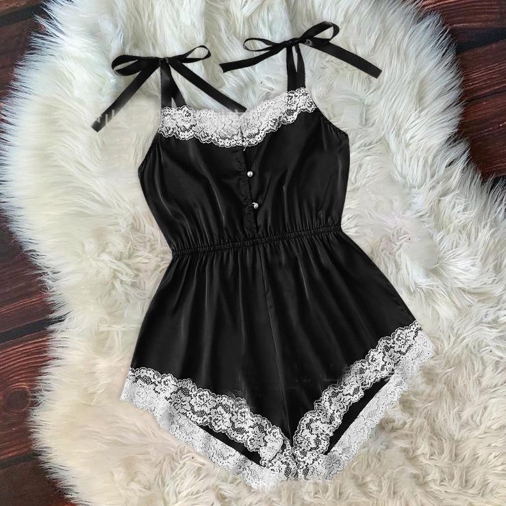 

Жіноча піжама зі шнурівкою на підтяжках Сексуальна спокуса з перламутровими ґудзиками Сексуальна суцільна нічна сорочка M чорний