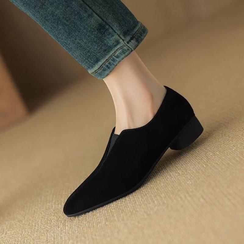 Retro Elastic Thick Heel Deep Mouth Pointed Single Shoes Women's Autumn Black Low Heel Commuter Work Shoes