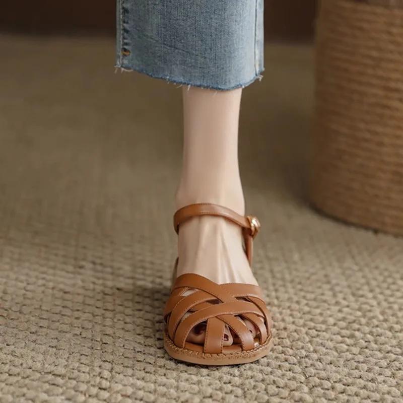 Fashion 2024 High Quality Shoes Female Summer Women's Sandals One-word Buckle Closed Toe Solid Chunky Heels Dress Daily Sandals Women