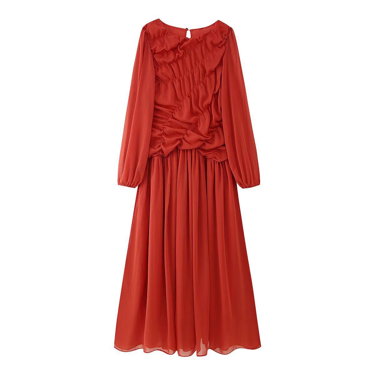 European American Women s Long Sleeve Mesh Pleated Dress Large красный