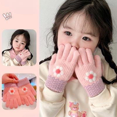 2023 Neue Mädchen Winter Strick Blume Schleife Druck Plüsch Weiche Fünffingerhandschuhe Kinder Outdoor Warme Handschuhe Kinder Farben Handschuhe