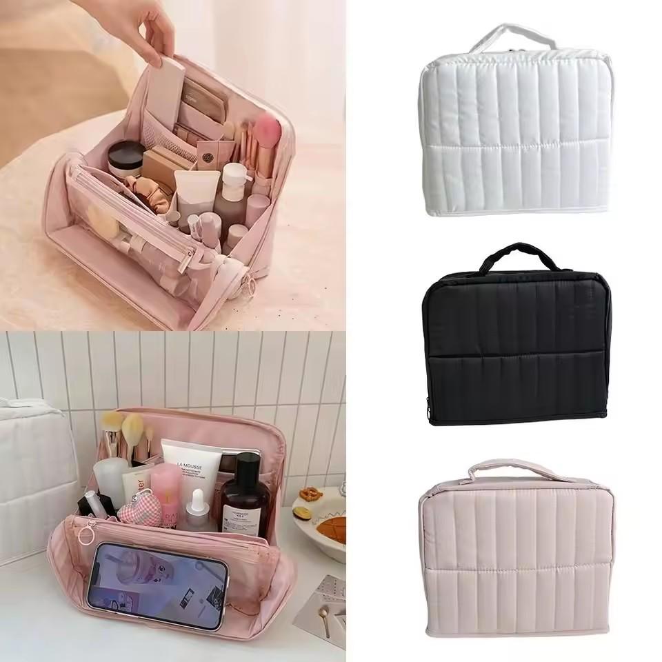 Large Capacity Portable Standing Makeup Bag Travel Toiletry Bag Cosmetic Brush Organizer Handheld Stationery Storage Pouch