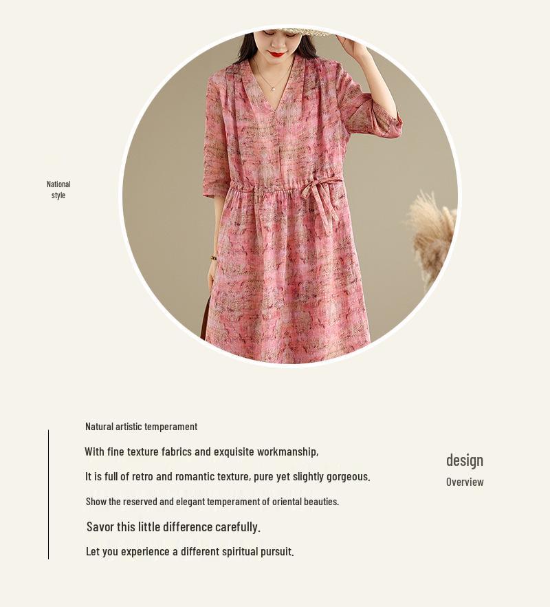 2026 Cotton Linen V-neck Lace-up Plus Size Elegant Summer Dress