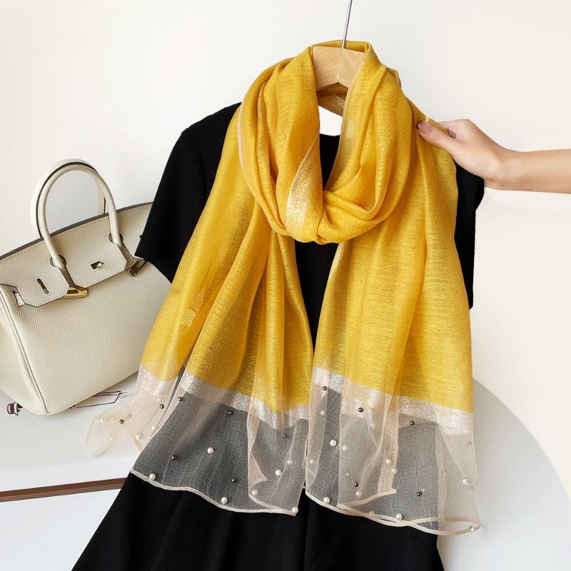 Spring new solid color pearl silk scarf women's imitation silk light large shawl long scarf scarf