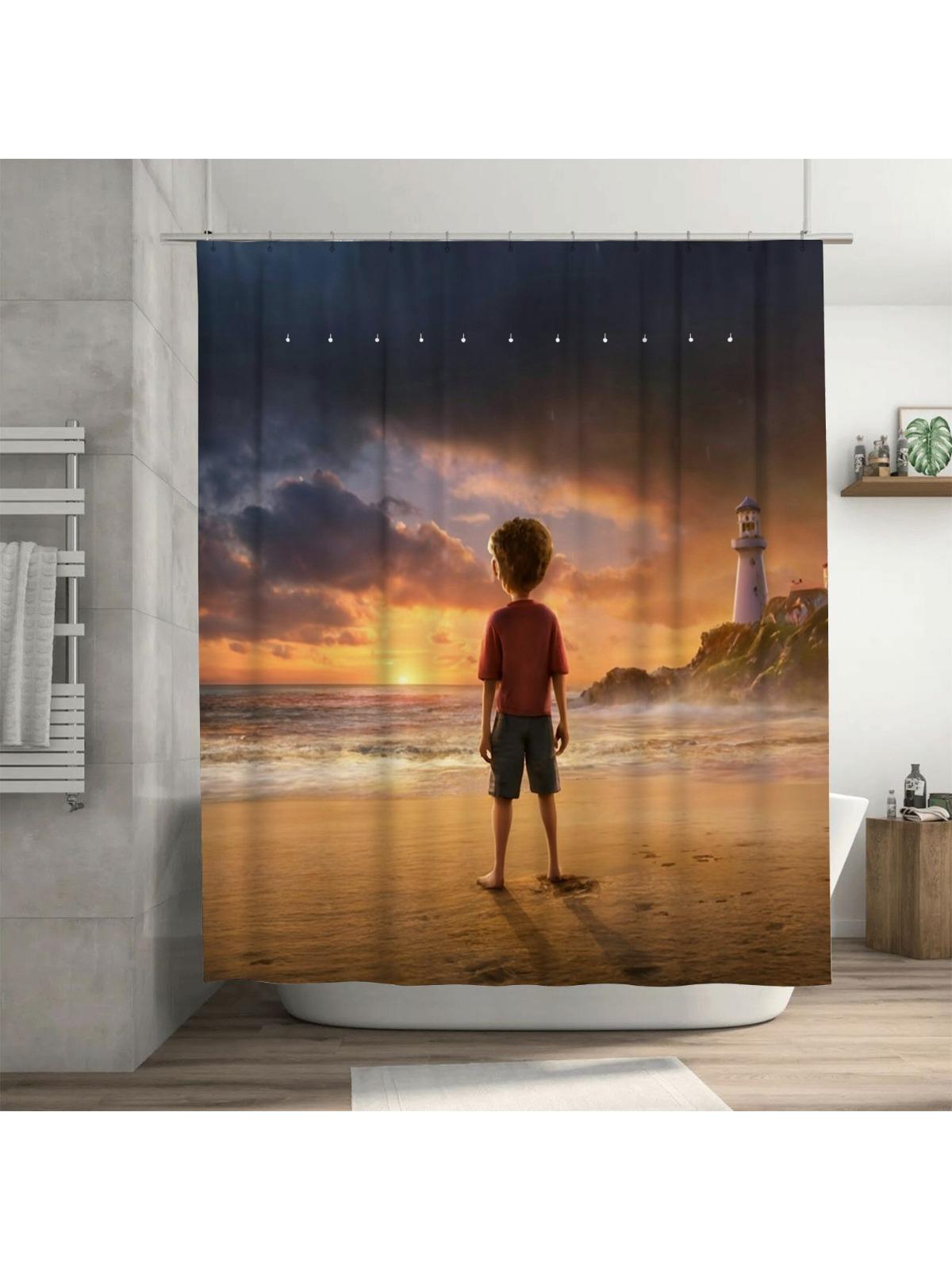 Boy at Sunset Shower Curtain | Serene Beach Bathroom Decor 90X180cm