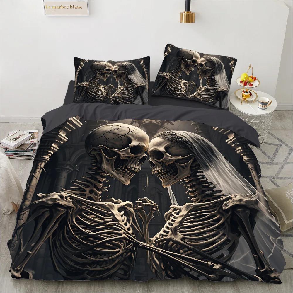 Skull Rose Duvet Cover Set, Gothic Skeleton Bedding Set, Soft Microfiber Quilt Cover Pillowcase, King Queen Size