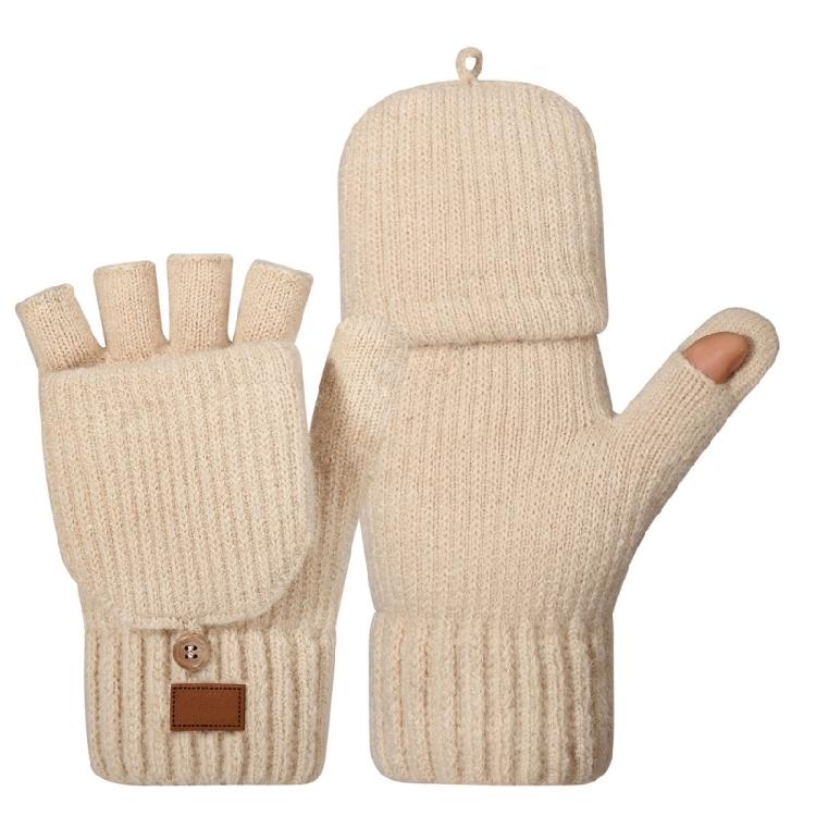 

Winter Gloves Women Half Finger Thickened Windproof Knitted Double Lined Cold Protection бежевий