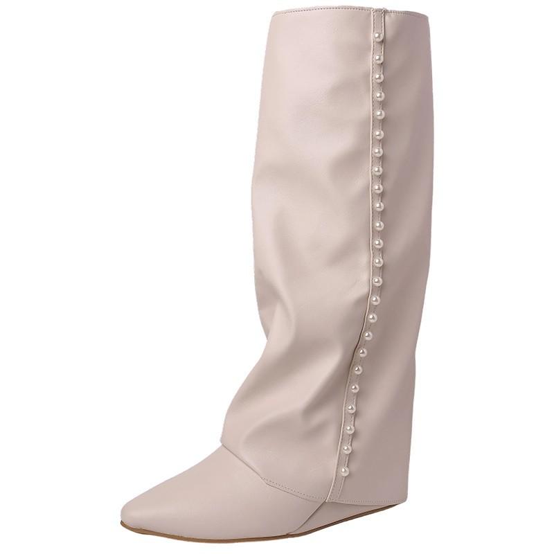 Pants Boots Fashion Leather Boots Fashion Autumn Design Pearl Pointed Heel But Knee Boots