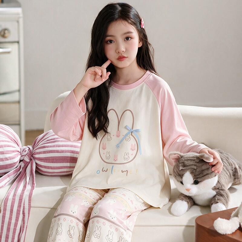 100% Cotton Girls Long Sleeve Pajamas Set Cartoon Print Round Neck Sleepwear Kids 8 Years