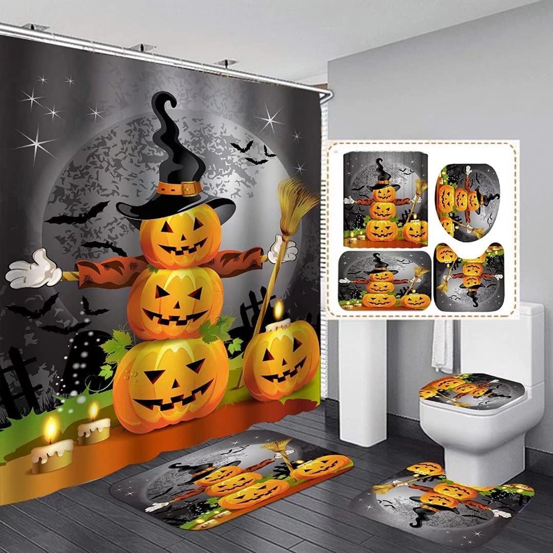

Halloween Castle Pumpkin Waterproof Shower Curtain,With Non-Slip Rugs,Toilet Lid Cover And Bath Mat,Bathroom Decor Accessory Set W60H190(CM)-1 Pcs