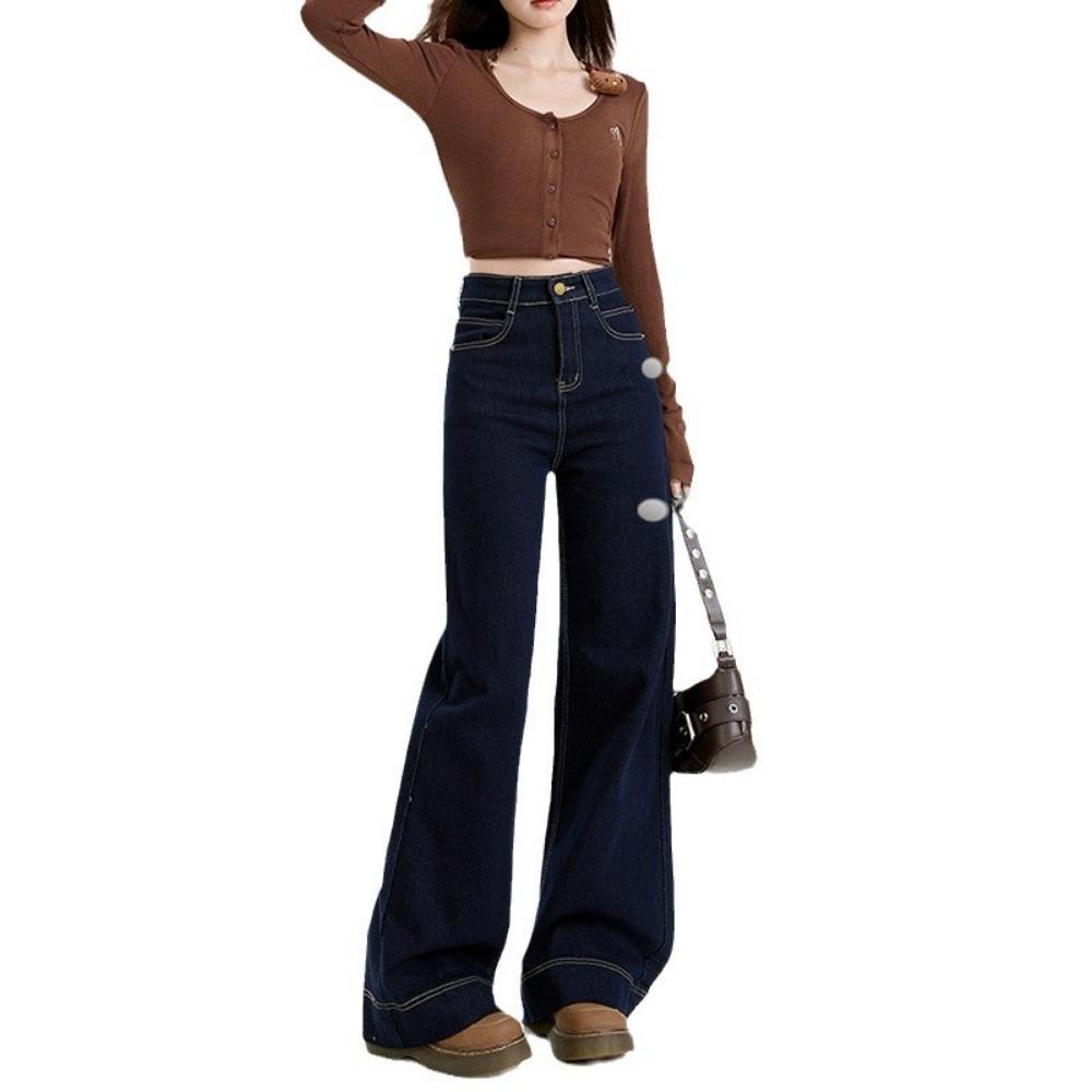 American Spice Girl High Waist Wide Leg Jeans Women's Spring and Autumn New Lazy Style Skinny Floor Mopping Jeans