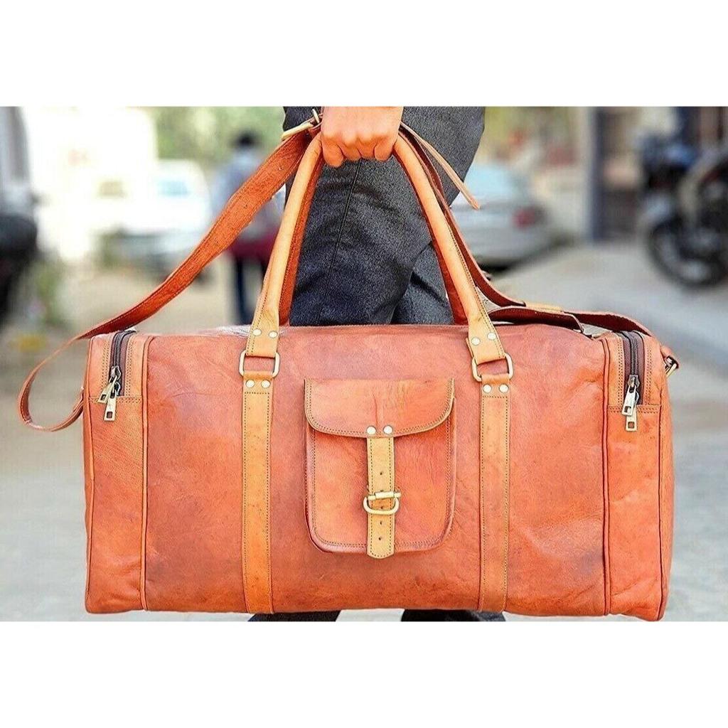 Men's Duffel New Vintage Luggage Brown Bag Leather Goat Gym Travel Genuine