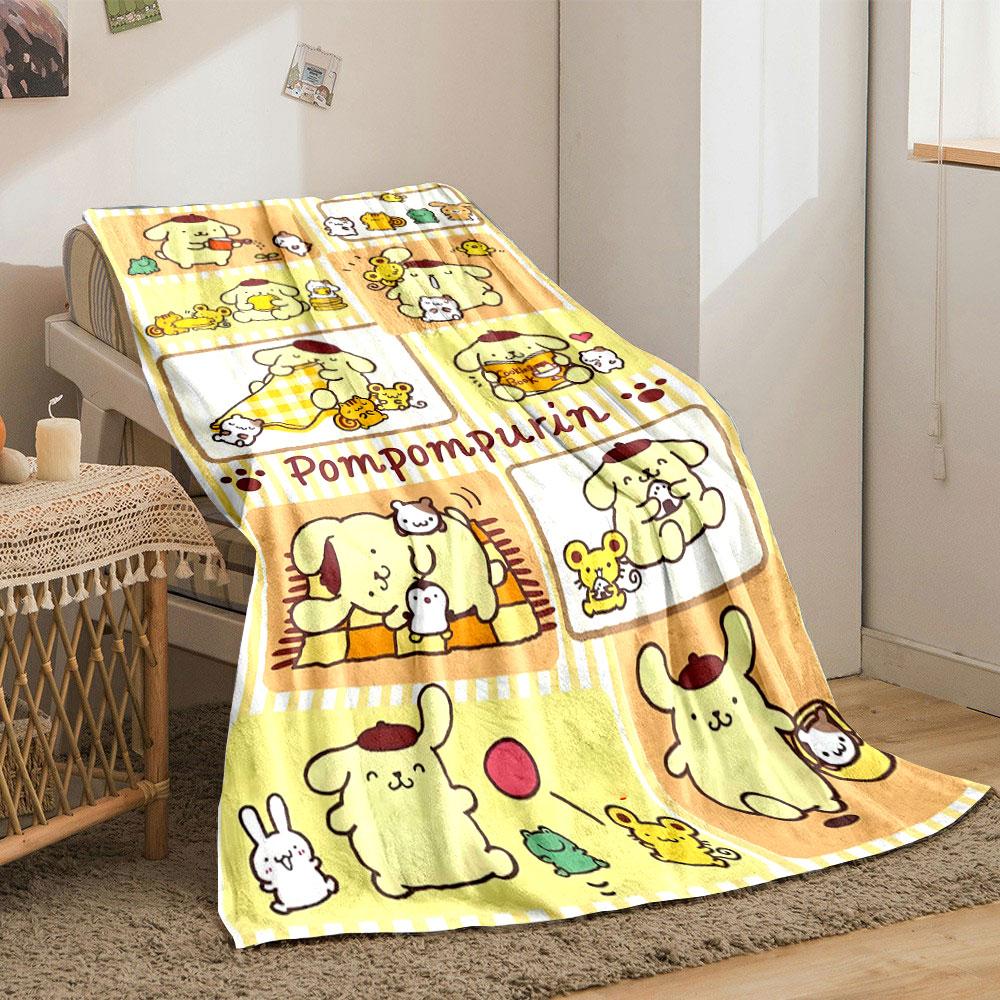 The image features playful scenes of Pompompurin with friends and activities. for all seasons blanket lunch break throw gift