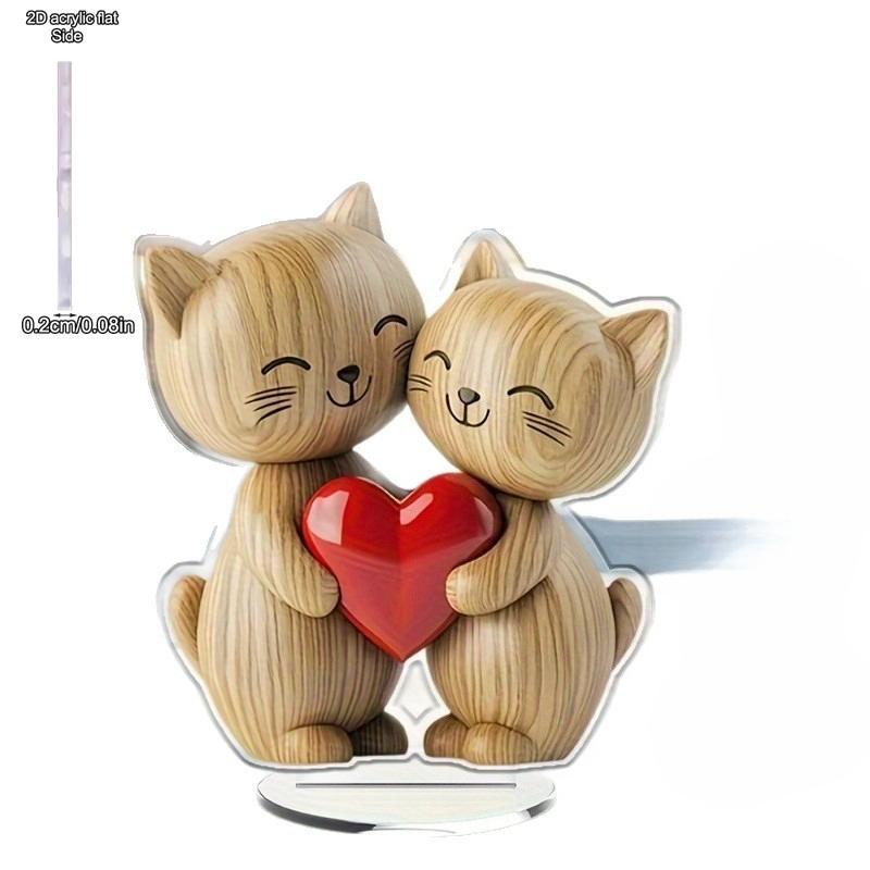 Wooden Kitten Couple Sculpture Light Dark Wood Grain Charming 2D Flat Cat for Wedding Anniversary Gift Desk Decoration, Acrylic Desktop Ornament