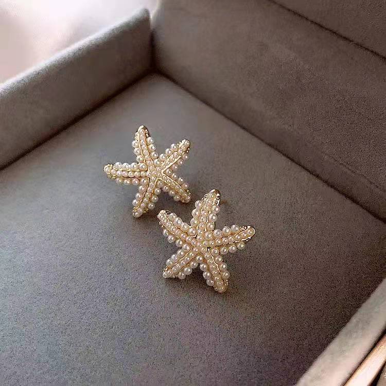 

New Temperament Trend Full of Pearl Starfish Stud Earring for Women Girls Cute Sweet Five-pointed Star Summer Beach Jewelry Gift жемчужный