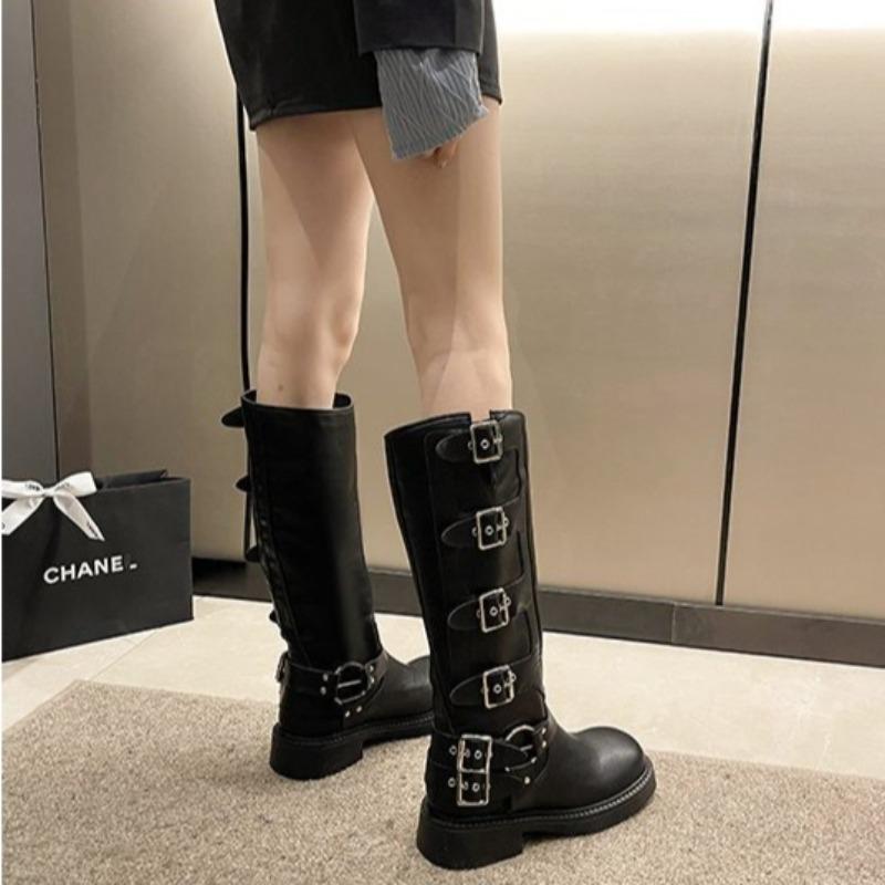 Women's Mid Calf Boots Fashion Belt Buckle Motorcycle Knight Boot 2025 New Western Cowboy Boots for Women Platform Leather Boots