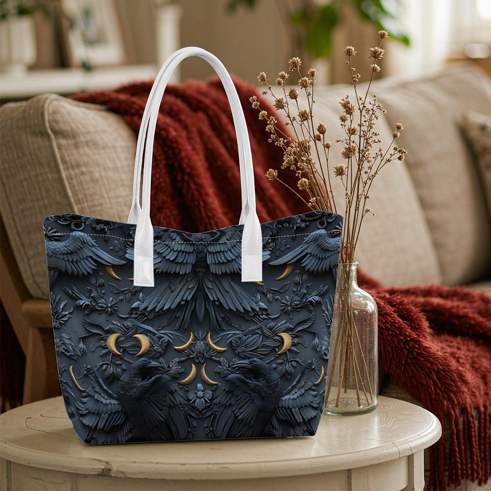 Gothic Raven Crescent Moon Pattern Shoulder Bag Stylish Dark Style Daily Use Tote Bag