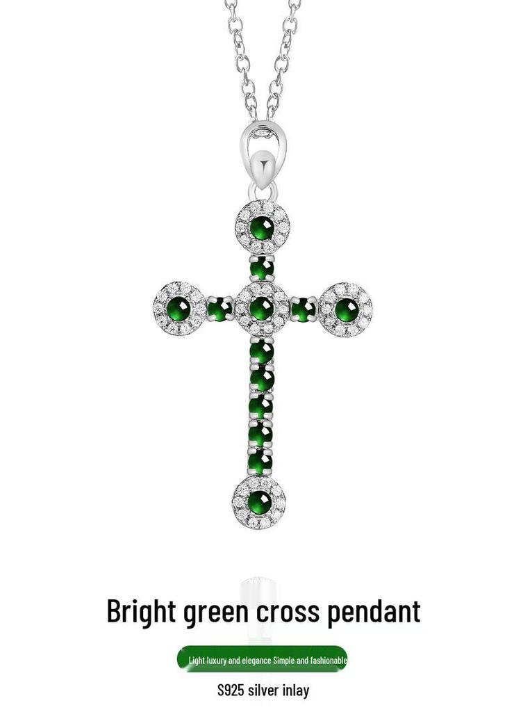 S925 Silber Inlay Natürliches Helles Grünes Jade Kreuz Anhänger für Männer und Frauen